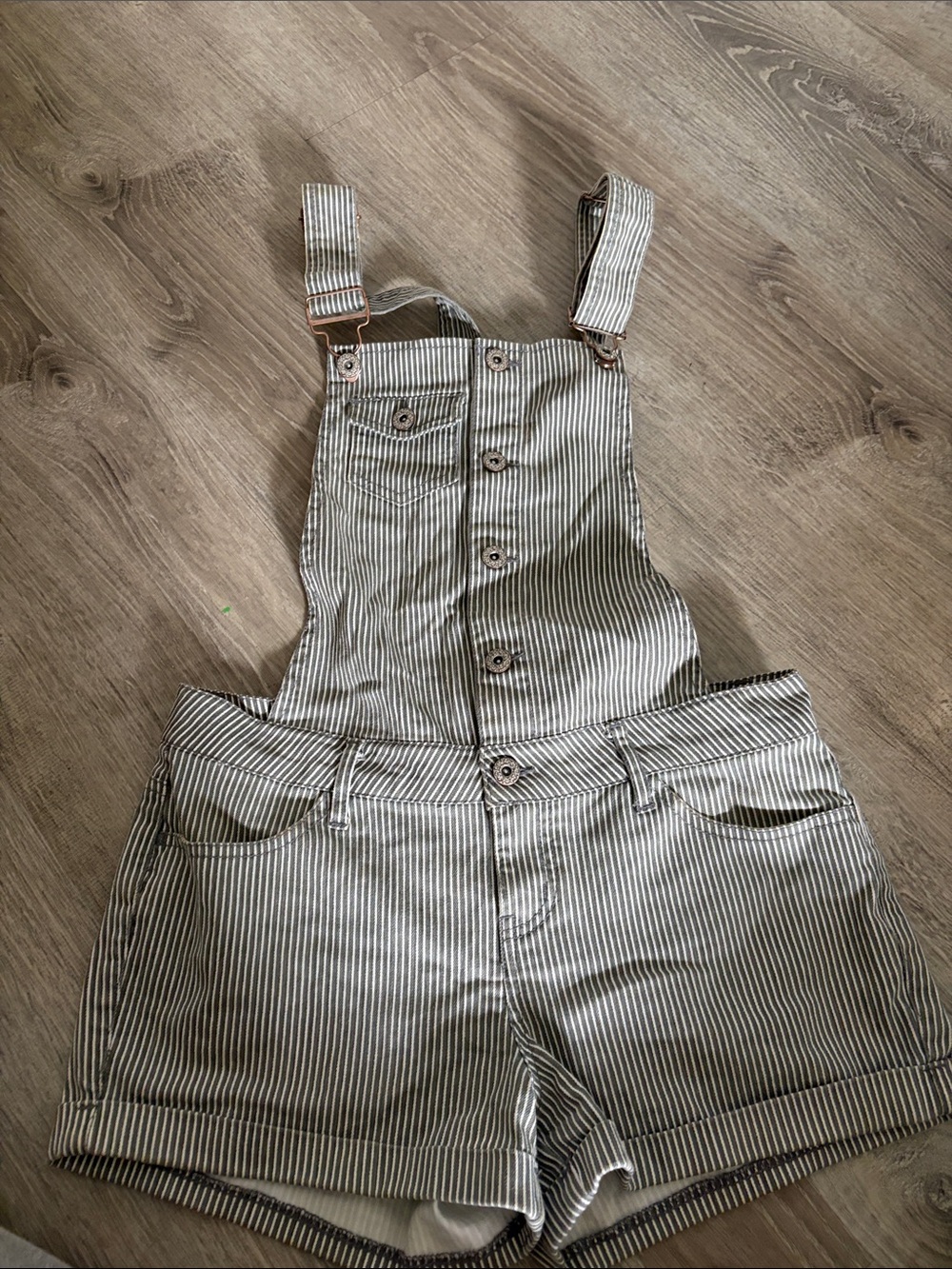 Striped Olive & White Denim Short Overalls - Women